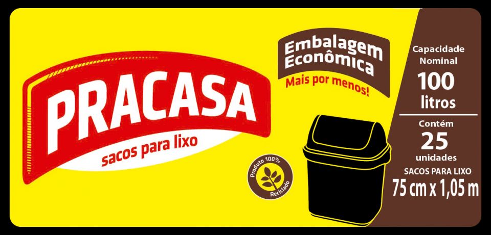 PRACASA - Sacos para Lixo 100 litros com 25 Sacos | Fardo com 10 rolos Cód. 7896167700456 